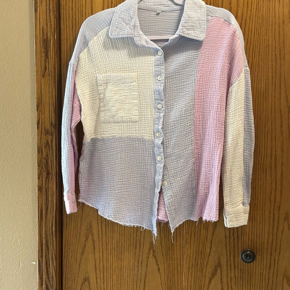 Women's Light pale pink, blue, white button-up shirt
